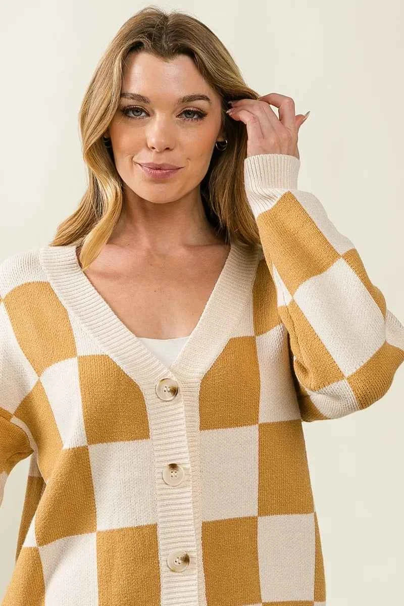 BiBi Checked V-neck Cardigan IVORY CAMEL 3f9e8e4a1e89414c900180705d31e64f-Max-Origin