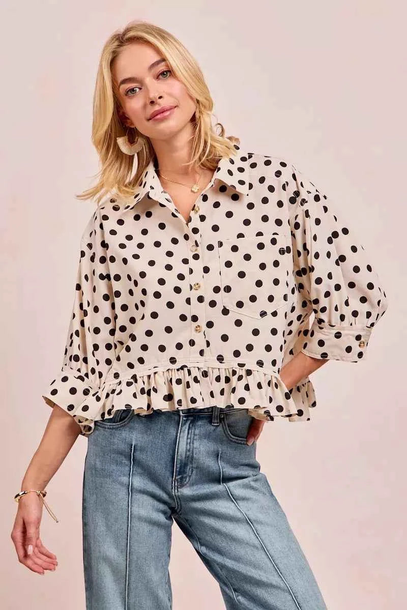 Polka Dot Printed Peplum Top with Front Button OFF WHITE BLACK 3f9ef2aa0d794cec81657a5af8b07e92-Max-Origin