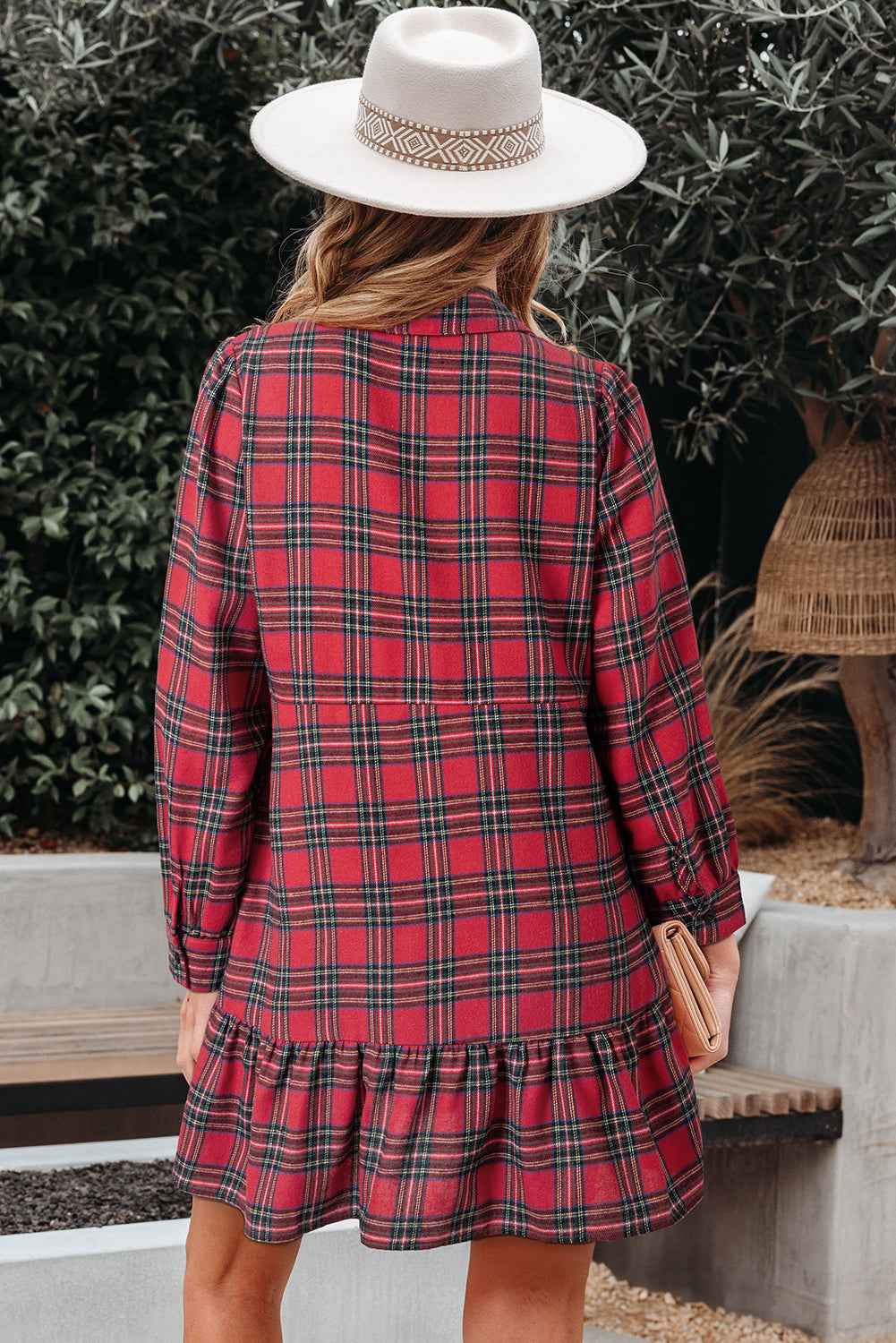 Red Plaid Shirt Collar Half Button Ruffle Hem Long Sleeve Mini Dress 3faafbaa943bdf46