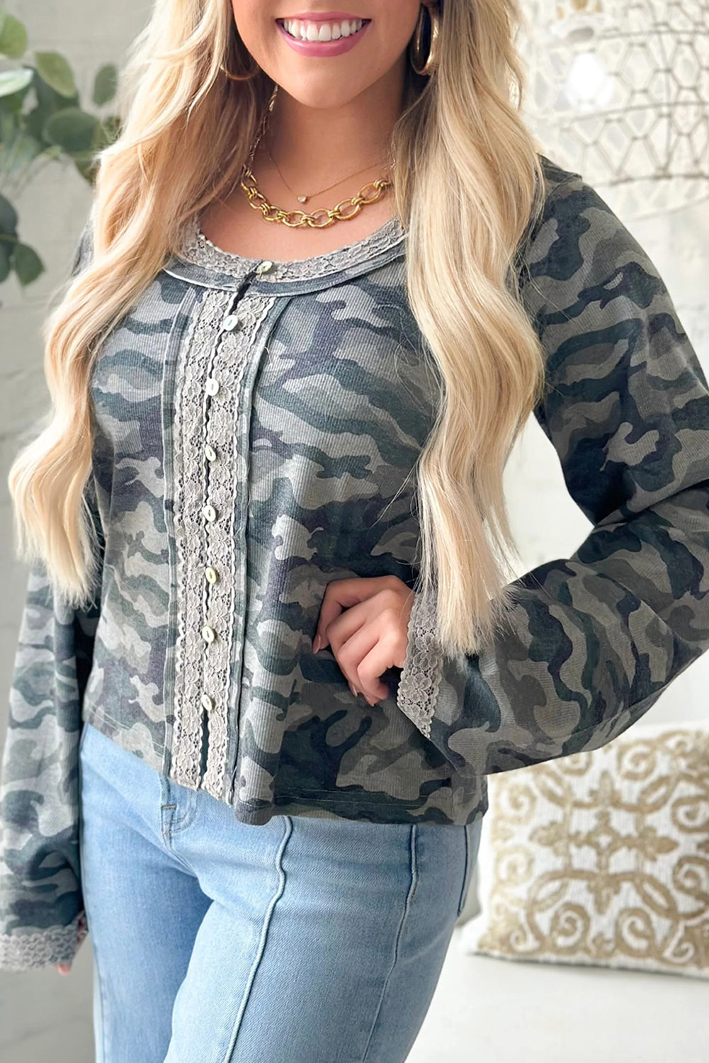 Green Camouflage Print Lace Patchwork Detail Button Long Sleeve Top 3fb24d620a4a3132