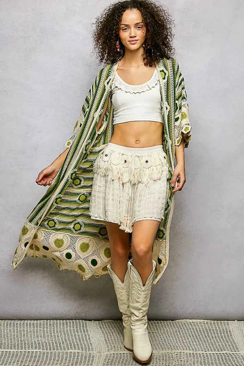 POL Striped and Floral Pattern Crochet Longline Cardigan GREEN MULTI One Size 3fb755f1-0dc8-4373-86e1-97a753b58887-Max-Origin