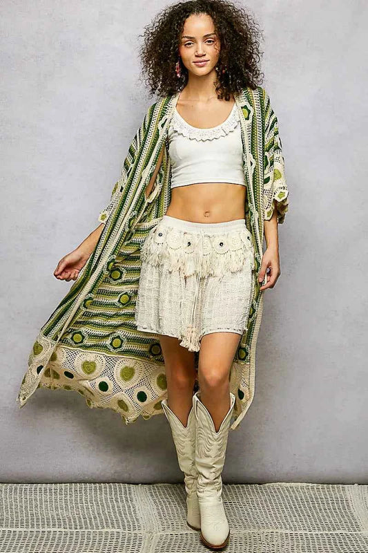POL Striped and Floral Pattern Crochet Longline Cardigan GREEN MULTI One Size 3fb755f1-0dc8-4373-86e1-97a753b58887-Max-Origin