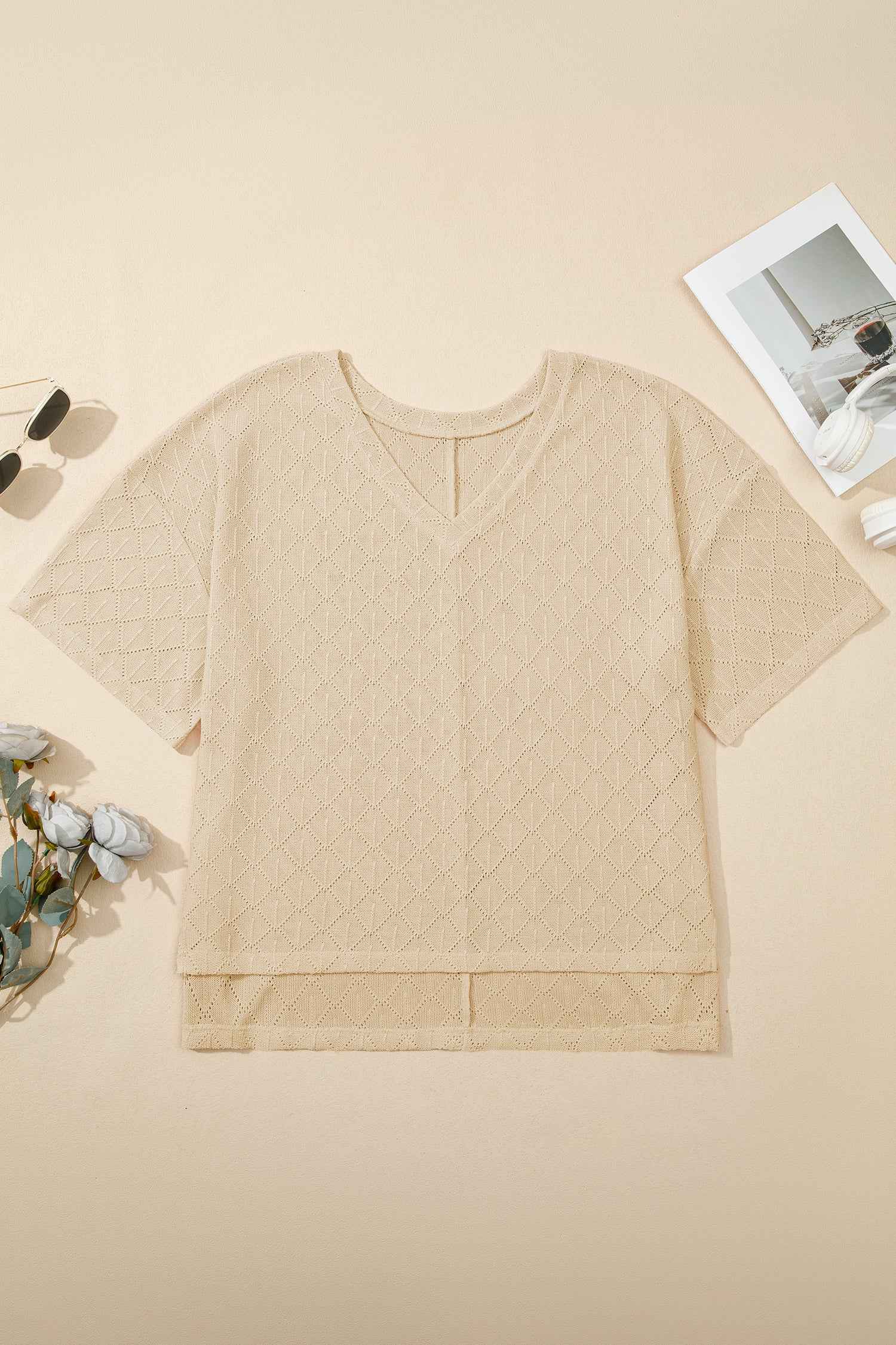 Light Pink Pointelle Rhombus Knit Plus Size V Neck Loose Top 3fbac193891528a5