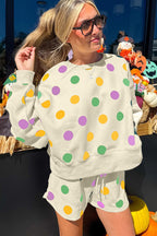 Multicolour Polka Dot Print Drop Shoulder Pullover Drawstring Shorts Set 3fbce66658534b6e