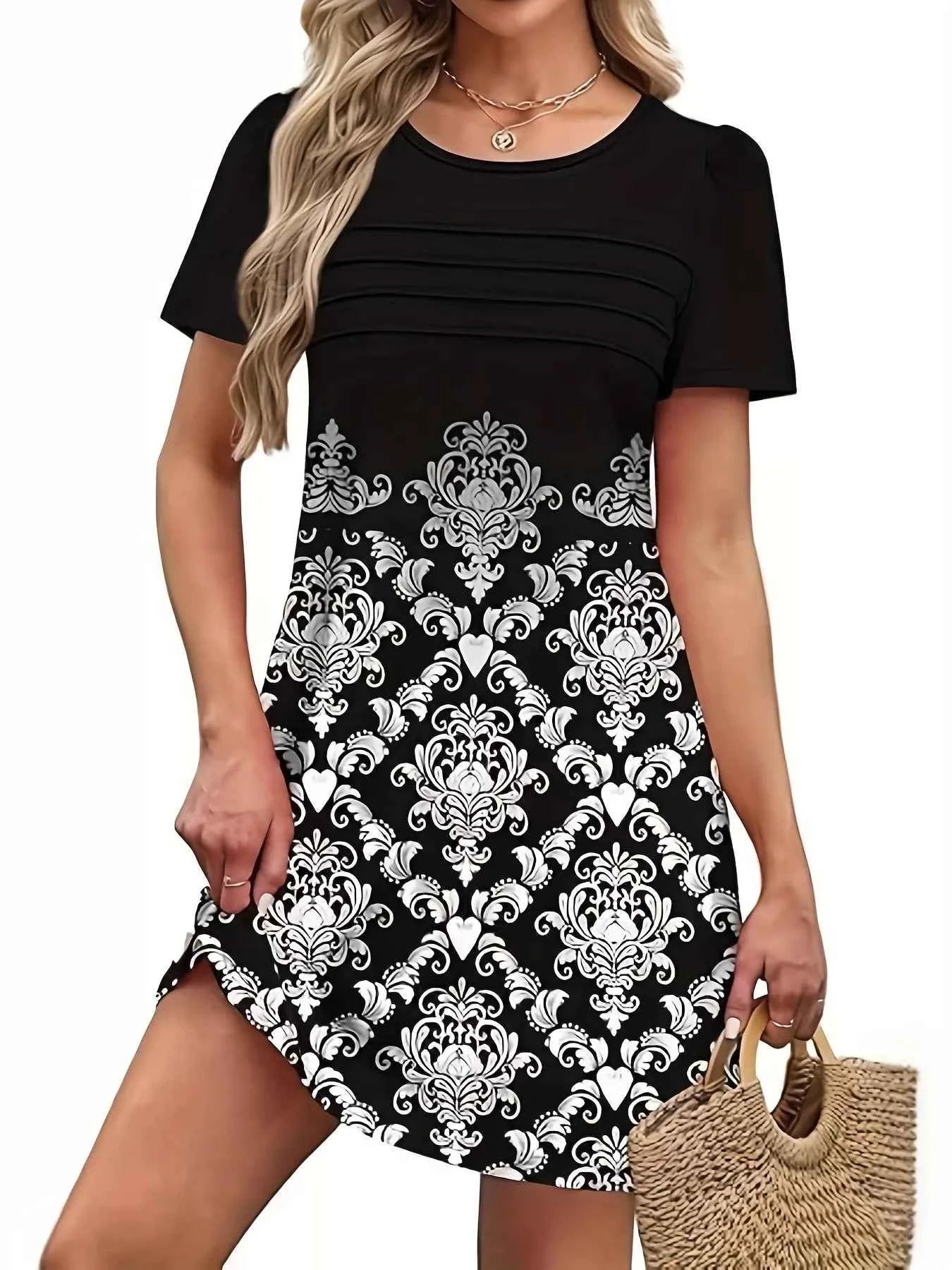 Printed Round Neck Short Sleeve Dress Black 3fcb313a30ea4bb88b86c34f7d04558e-Max-Origin