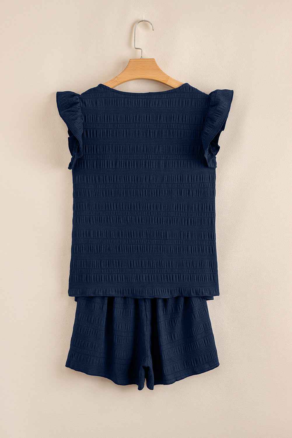 Dirty Blue Textured Ruffle Top and Shirred High Waist Shorts Set 3fcc40761003ef39