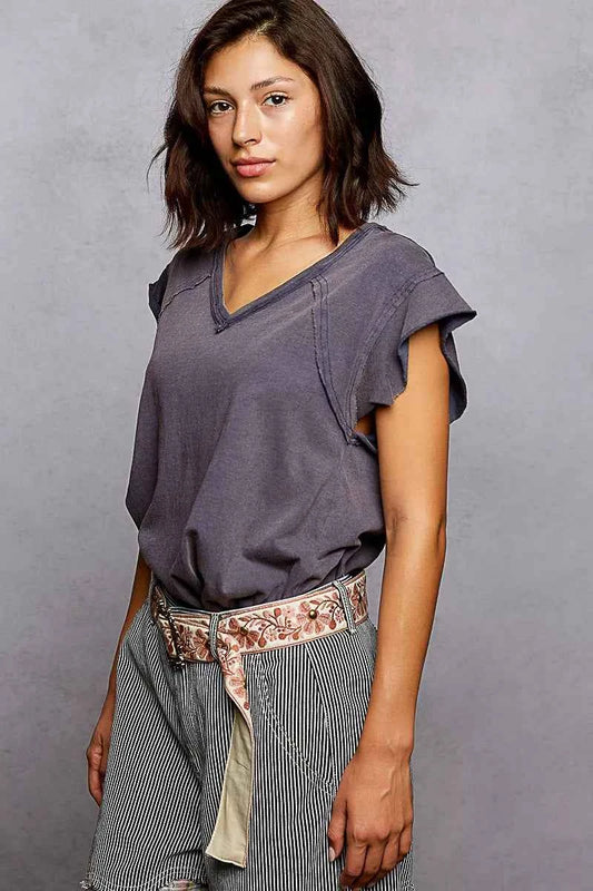 V-Neck Short Sleeve T-Shirt with Ruffle Sleeve 3fce1295-4a83-4001-bc4b-72aaf809d386-Max-Origin