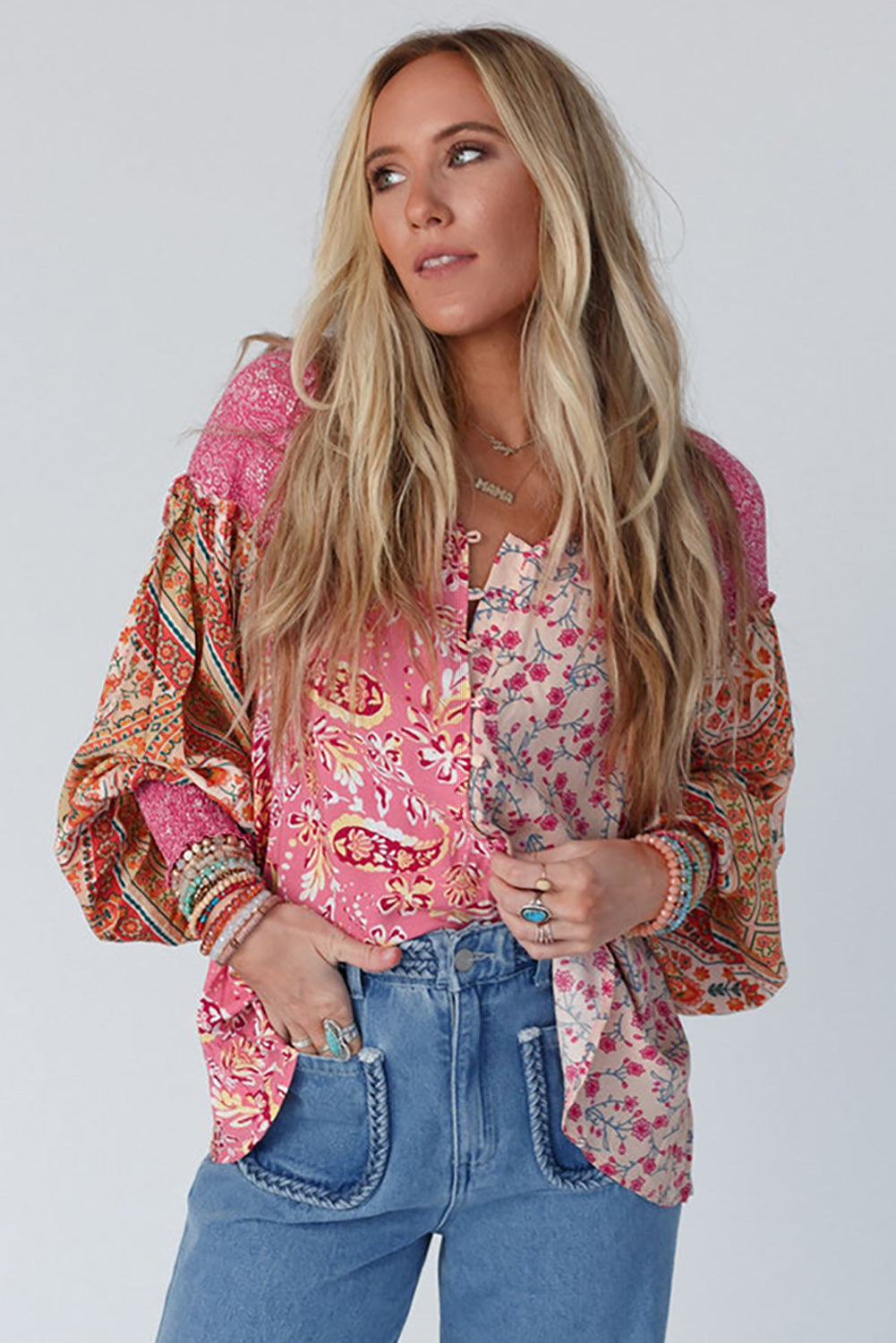 Pink Mixed Floral Printed Lantern Sleeve V-Neck Blouse 3fd2a15d4d05d45d