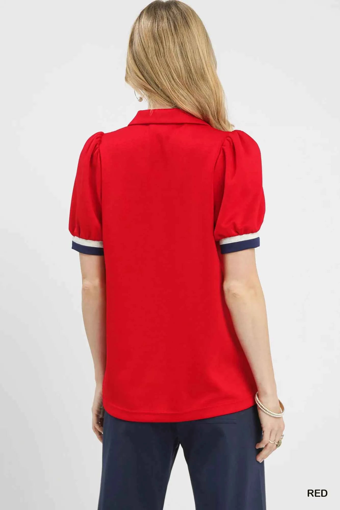 Umgee Puff Sleeve Zip Front Top with Contrast Striped Trim 3fd326dd-c9e1-4a3d-bce6-0f77a7aeb407-Max-Origin