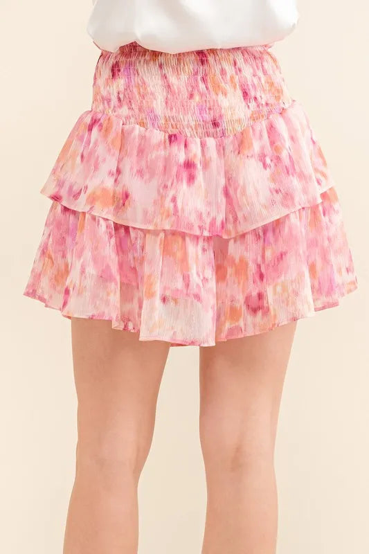 Printed Lurex Smocked Waist Tiered Ruffled Skort 3fd89bff218e4fefa7ec2f5616d64a7b-Max-Origin