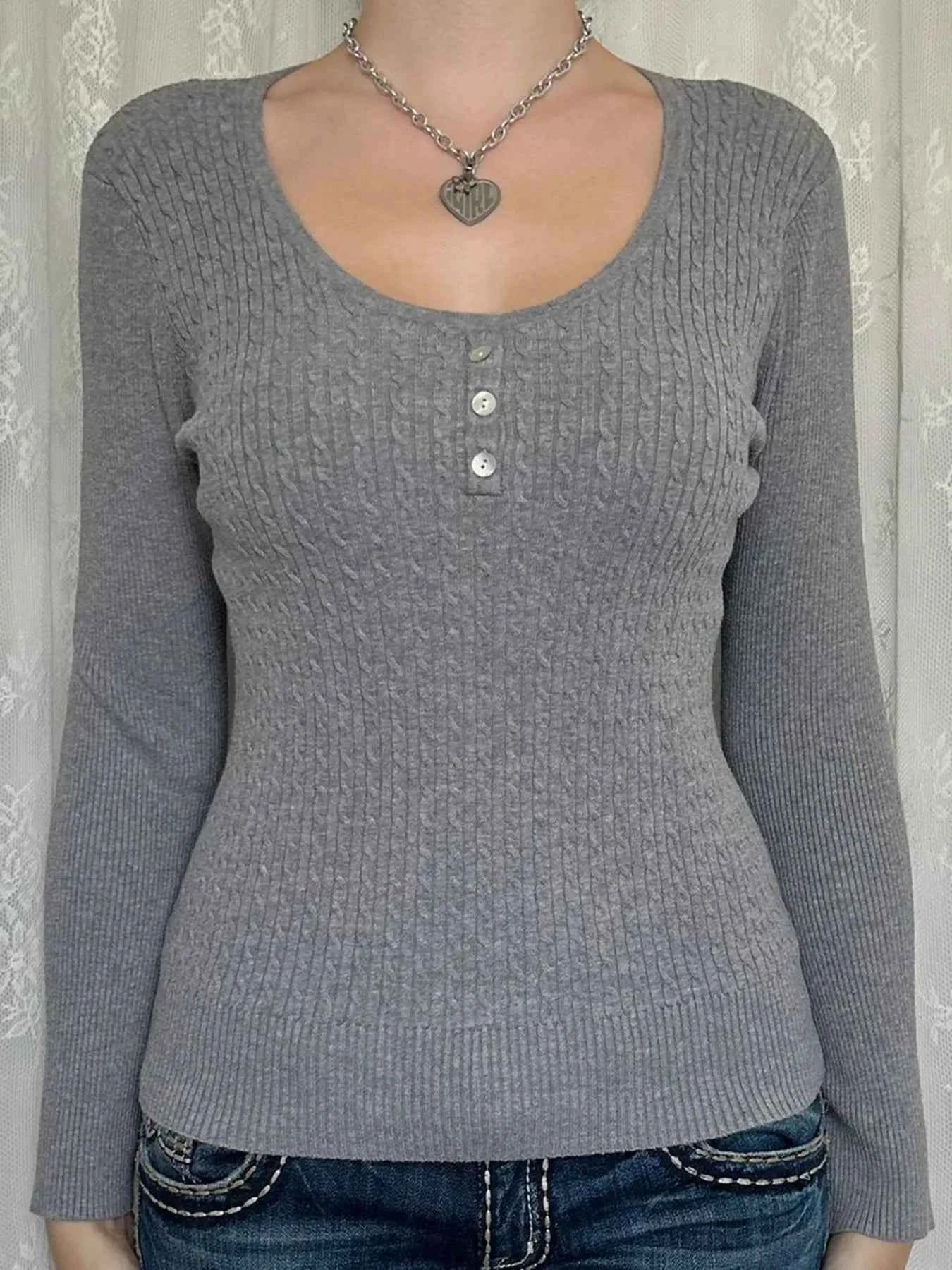 Button Detail Long Sleeve Cable Knit Top 3fdaa9c3f8a541d59ad96af94dfdbfc6-Max-Origin