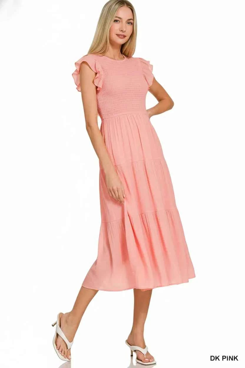 Zenana Woven Smocked Ruffle Sleeve Midi Dress 3fdffdf3-2ed2-456c-a8b1-723e674a4c52-Max-Origin