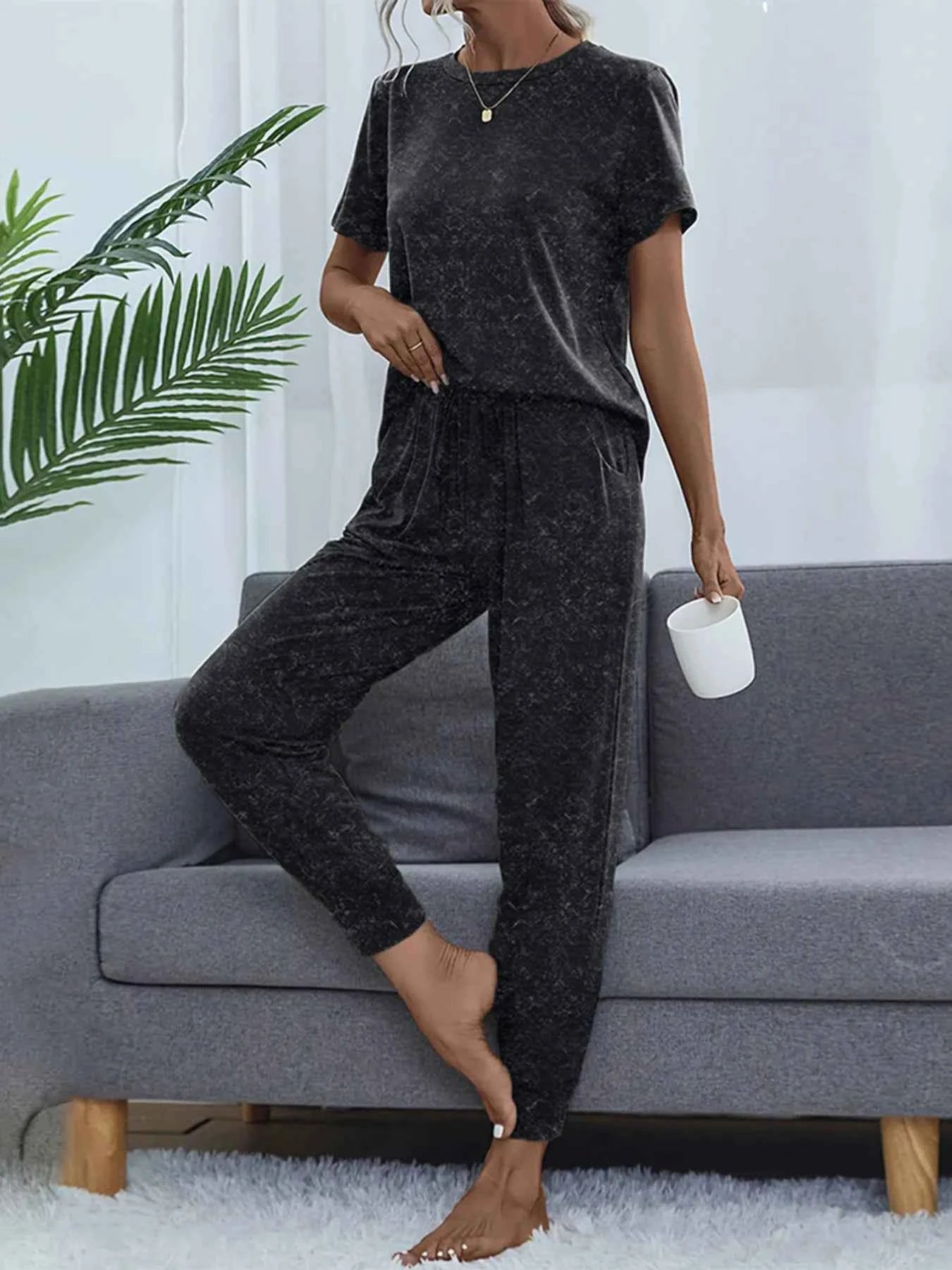 Round Neck Short Sleeve Top and Pants Lounge Set 3fe4b5207c0d4be99f184f07df5862bc-Max-Origin