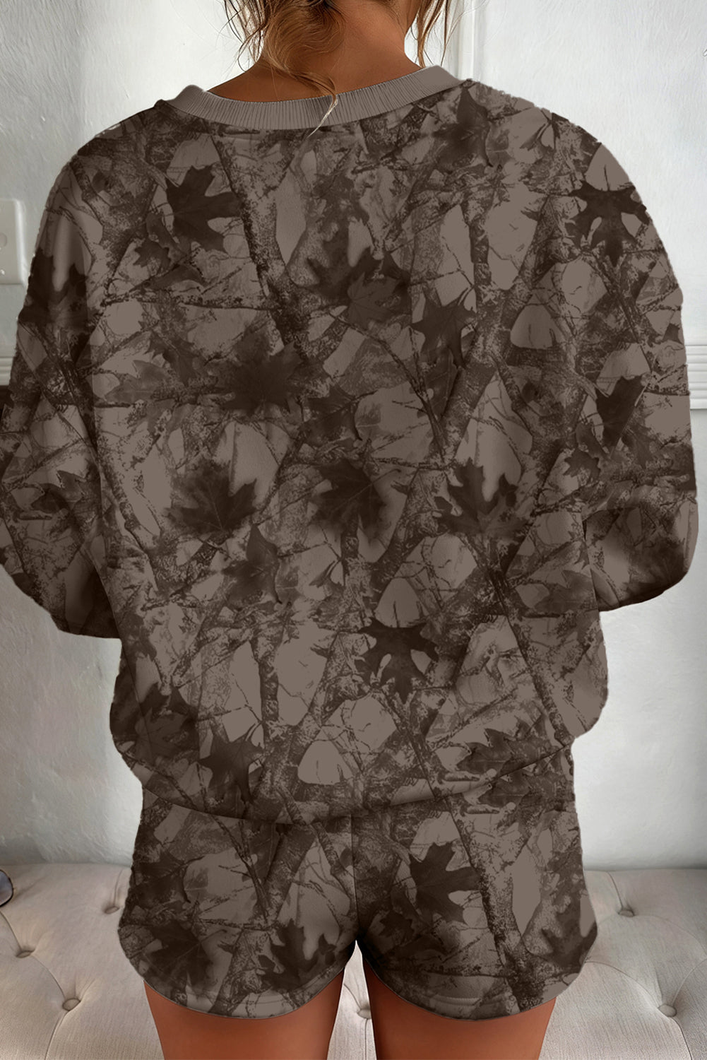 Brown Camouflage Print Round Neck Drop Sleeve Shorts Set 3fe546384c06d10f