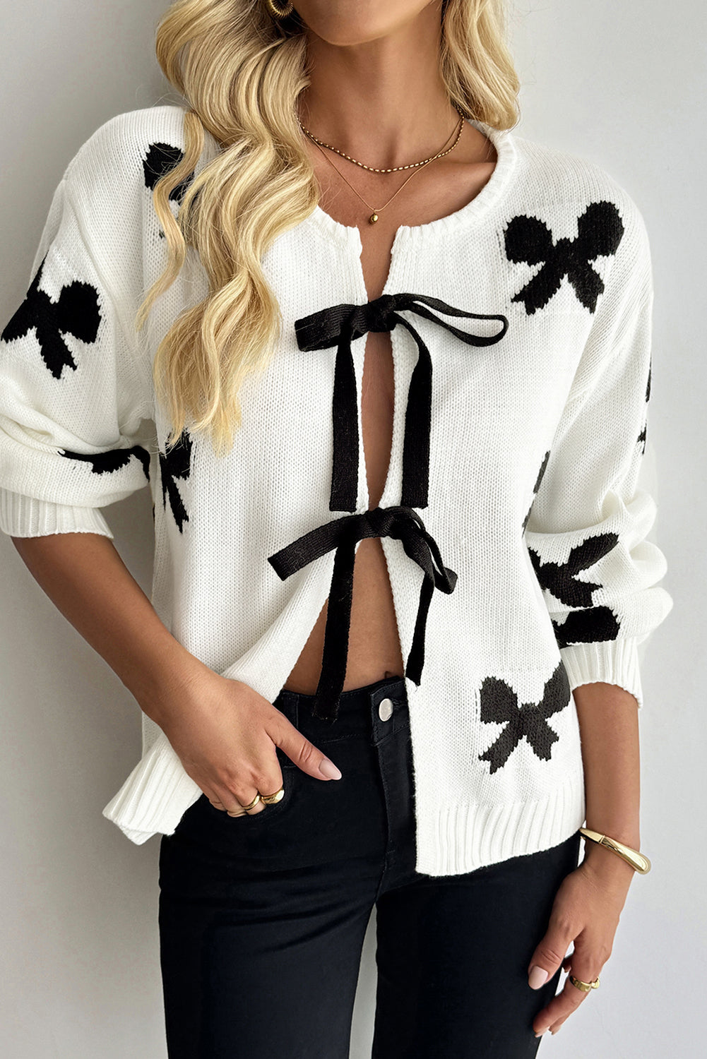 White Lace-Up Front Bow Pattern Round Neck Knit Cardigan White 52%Viscose+26%Polyester+22%Polyamide 3feac85432c19e5a