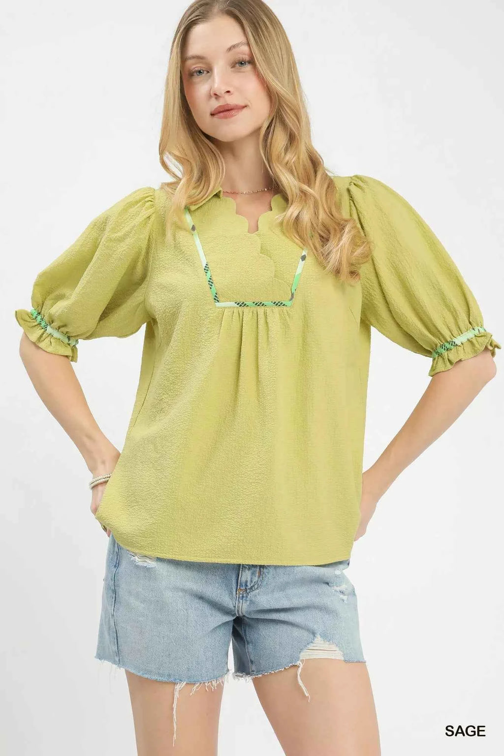 Umgee Scalloped Trim Blouse with Puff Sleeves SAGE 3feb5fcc-1689-4408-b38b-7cf15ee4d9be-Max-Origin
