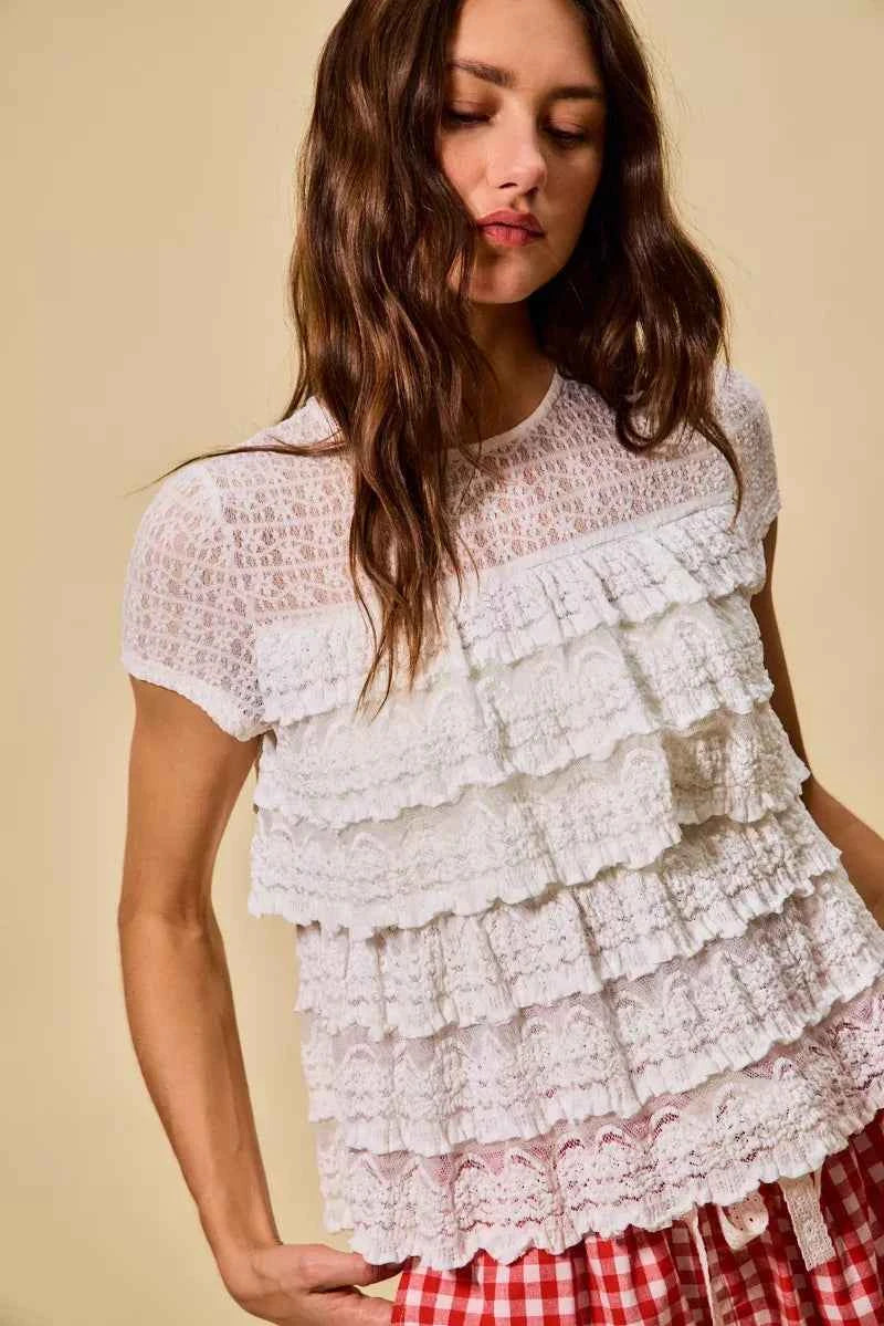 SO ME Ruffle Tiered Stretch Lace Short Sleeves Knit Top 3ff161ce01d347ab967a2aec52d7085d-Max-Origin