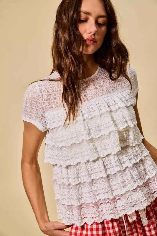 SO ME Ruffle Tiered Stretch Lace Short Sleeves Knit Top 3ff161ce01d347ab967a2aec52d7085d-Max-Origin