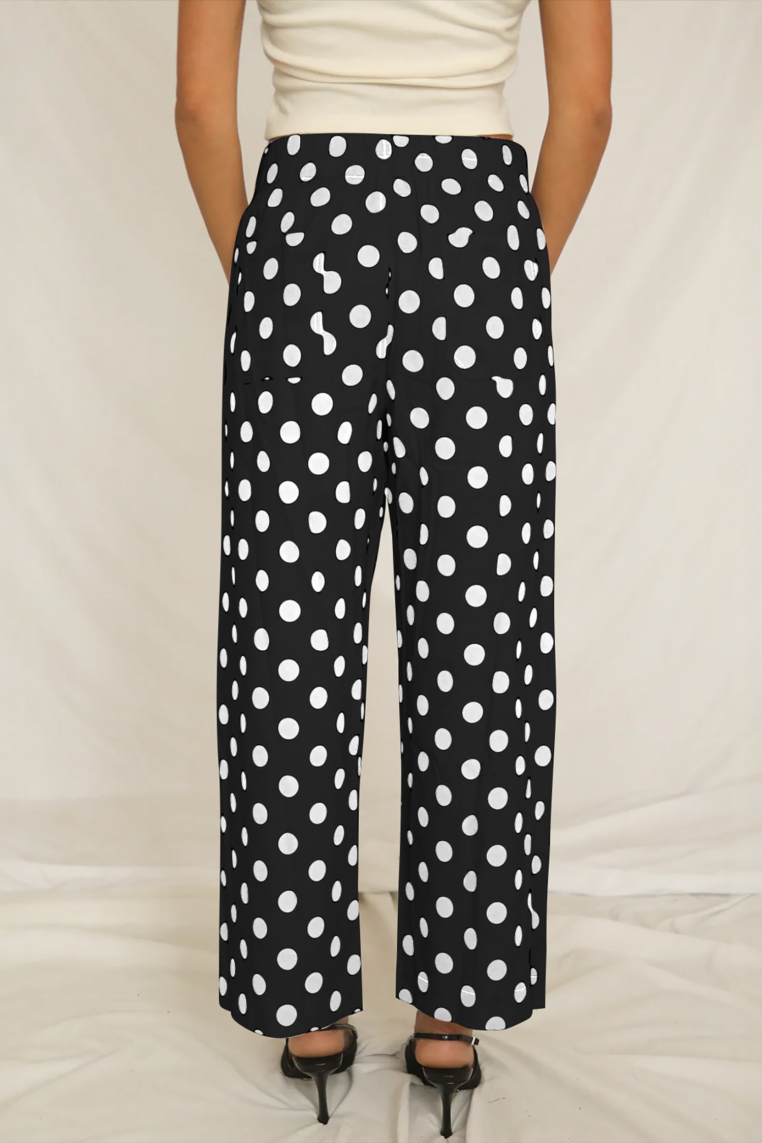 White Polka Dot Print Patched Pocket Loose Pants 3ff1d250d8fe5a87