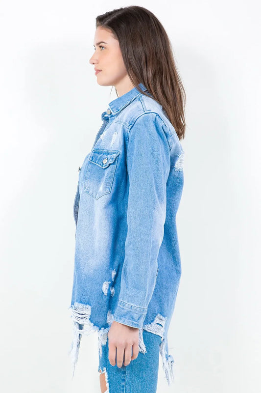 Frayed Hem Distressed Denim Shirt Jacket - 100% Cotton 3ff3aad1-d8cf-4006-a915-6df7d1eb285b-Max