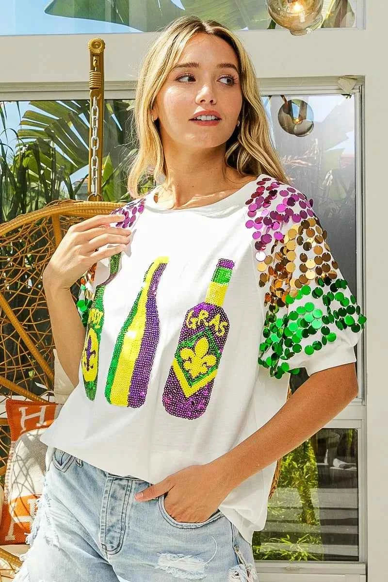 BiBi Sequin Mardi Gras Bottles Spangled Sleeve Top 3ff93f880ee1479eb2edfa9c3d29948a-Max-Origin