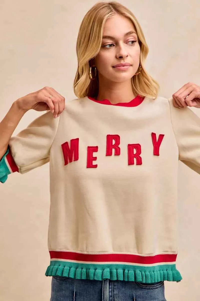 BiBi Christmas Merry Letter Patches Contrast Banded Top 3ffa28f88f8745a1a78fb8c70b3839db-Max-Origin