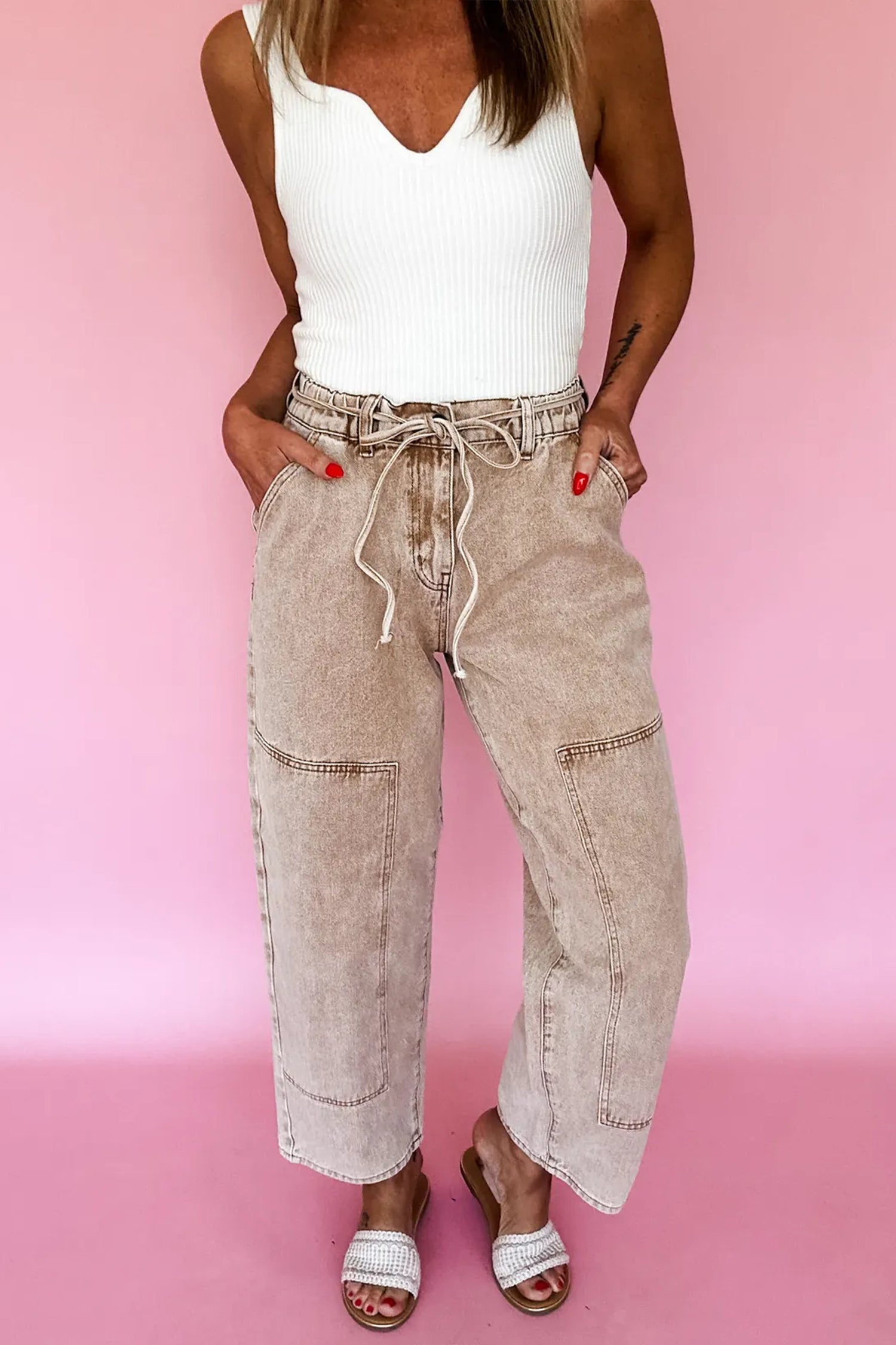 Smoke Gray Acid Wash Barrel Fit Denim Pants with Waist String Smoke Gray 75%Cotton+23%Polyester+2%Elastane 3ffbc9c146a2b97d
