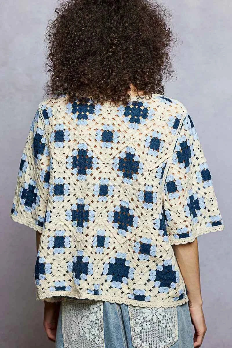 Round Neck Short Sleeve Color Pattern Crochet Top with Border Accents 3fffdb75-9679-4803-9a7e-d3e7d2f90d96-Max-Origin