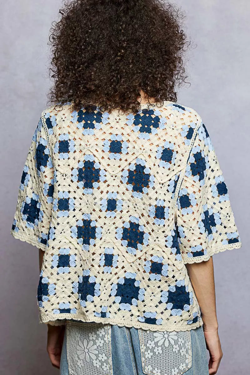 POL Round Neck Short Sleeve Color Pattern Crochet Top with Border Accents 3fffdb75-9679-4803-9a7e-d3e7d2f90d96-Max-Origin