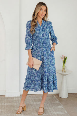 Sky Blue Floral Printed Frilled V Neck Bracelet Sleeve Long Dress Sky Blue 55%Cotton+45%Viscose 40007db3bf26889c