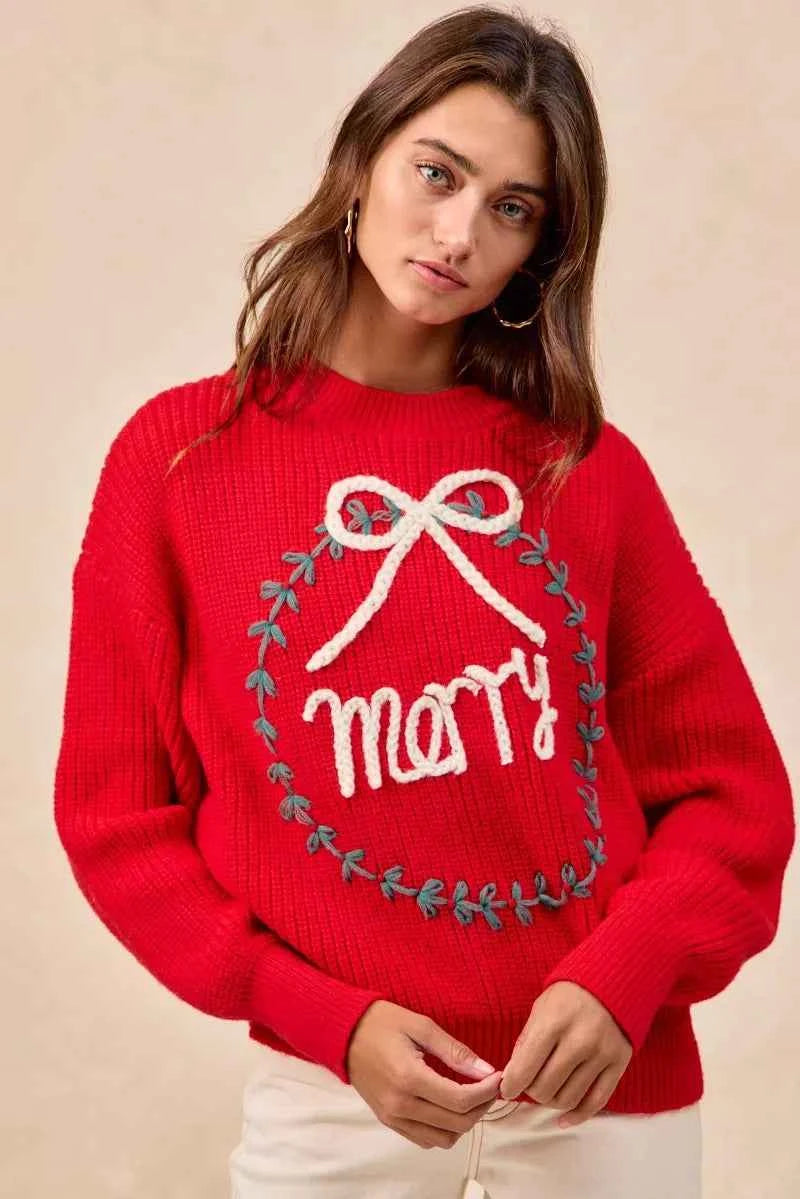 BiBi Christmas Wreath Merry Letter Knit Top 4001bb92f088429dbb588077d33b52c1-Max-Origin