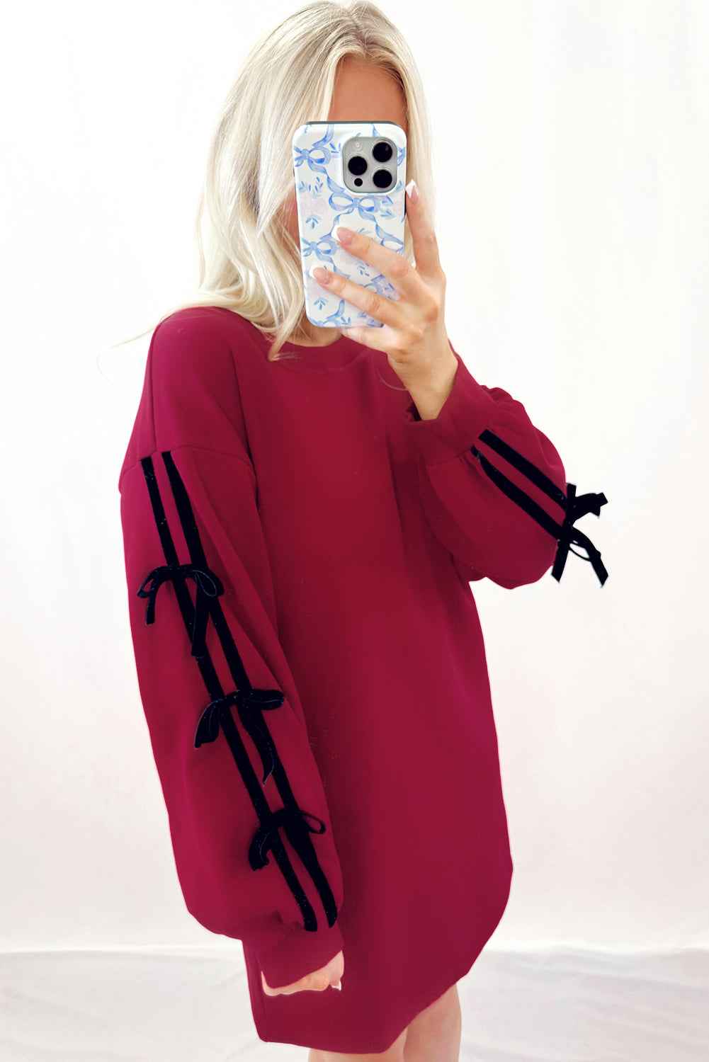 Racing Red Contrast Striped Bow Detail Drop Shoulder Sweatshirt Dress with Pockets 40034c1e11f111fa