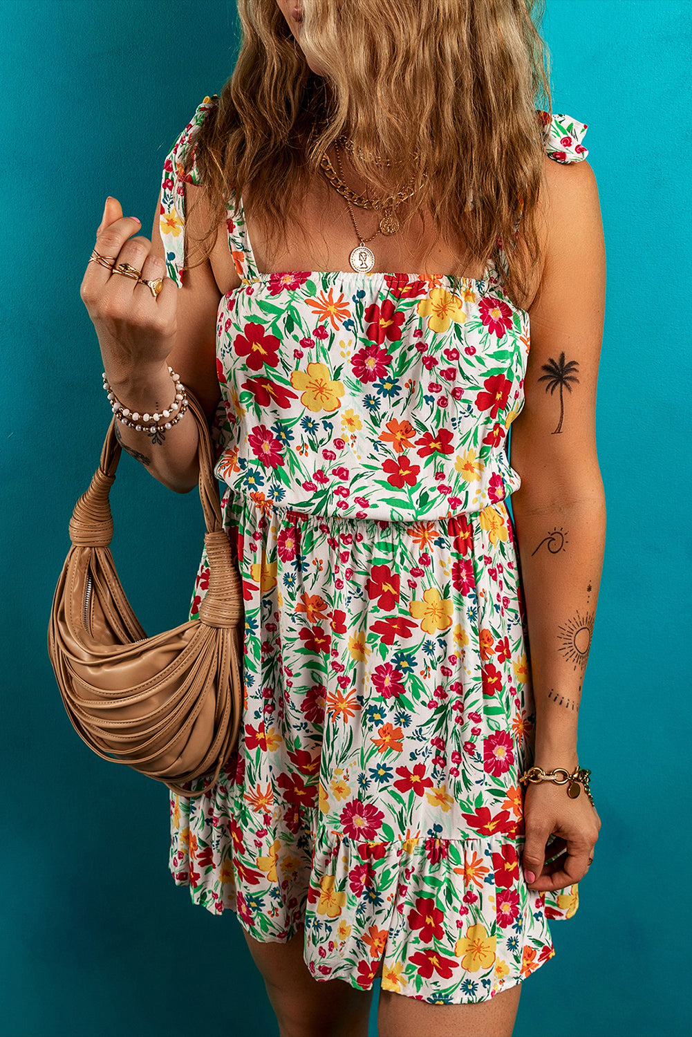 Red Floral Print Knotted Strap Cinched Waist Ruffle Hem Mini Dress 4005616820da9d5a