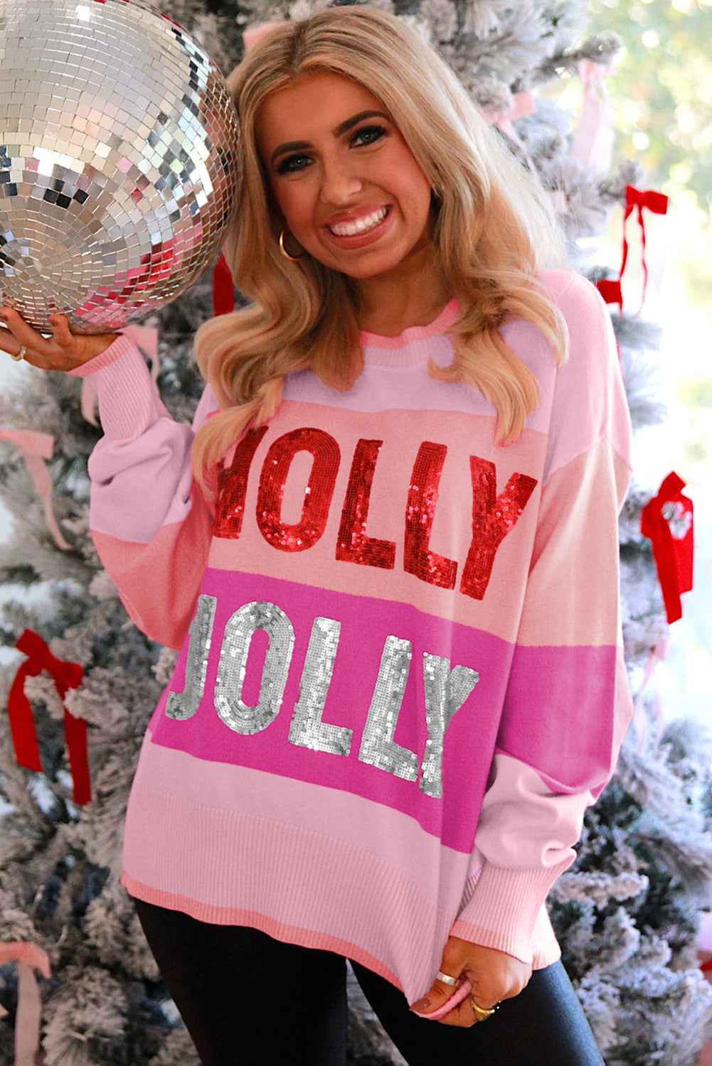 Pink HOLLY JOLLY Sequined Color Block Crew Neck Sweater 4006c069320a9ad3