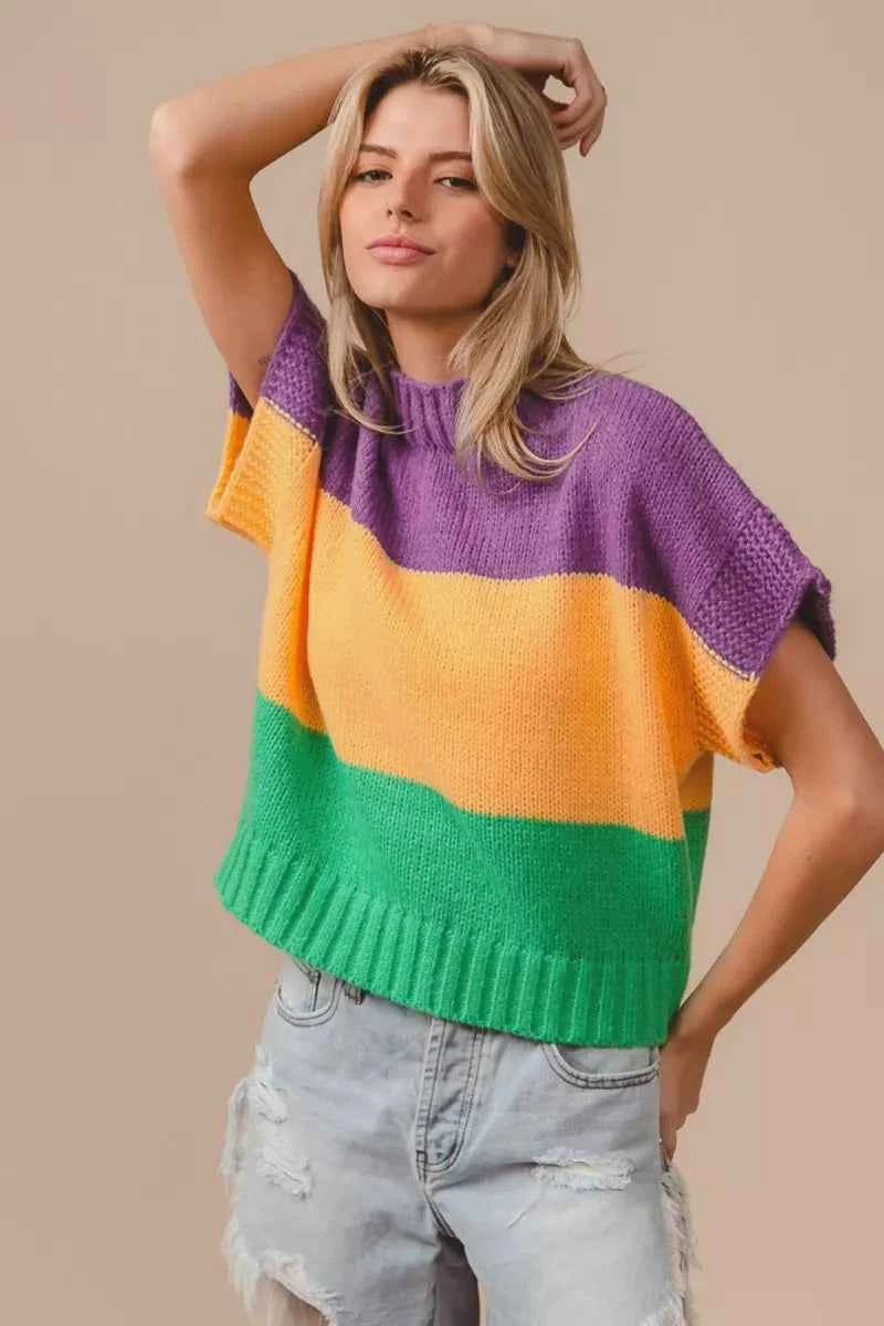 BiBi Mardi Gras Color Block Drop Shoulder Sweater Top 4009aa99148e499683698c1c7d460541-Max-Origin