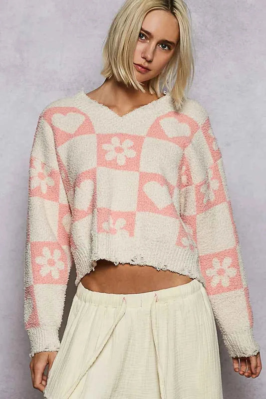POL V-Neck Heart Pattern Checkered Sweater CREAM PINK 400c343c-d780-45bc-8357-9e703617be1e-Max-Origin