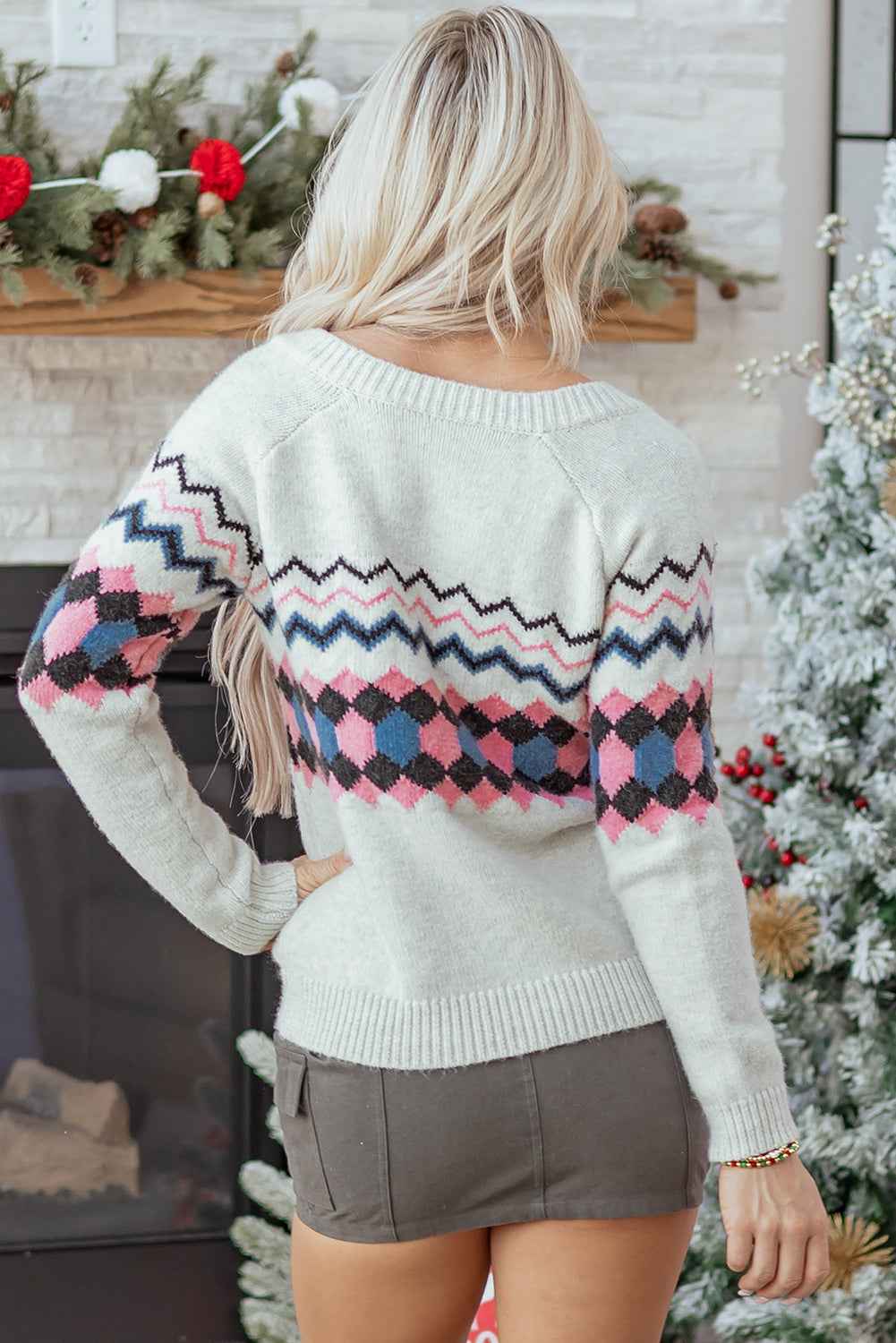 Pink Stripe Geometric Button Up Sweater Cardigan 400dc9bc298ec496