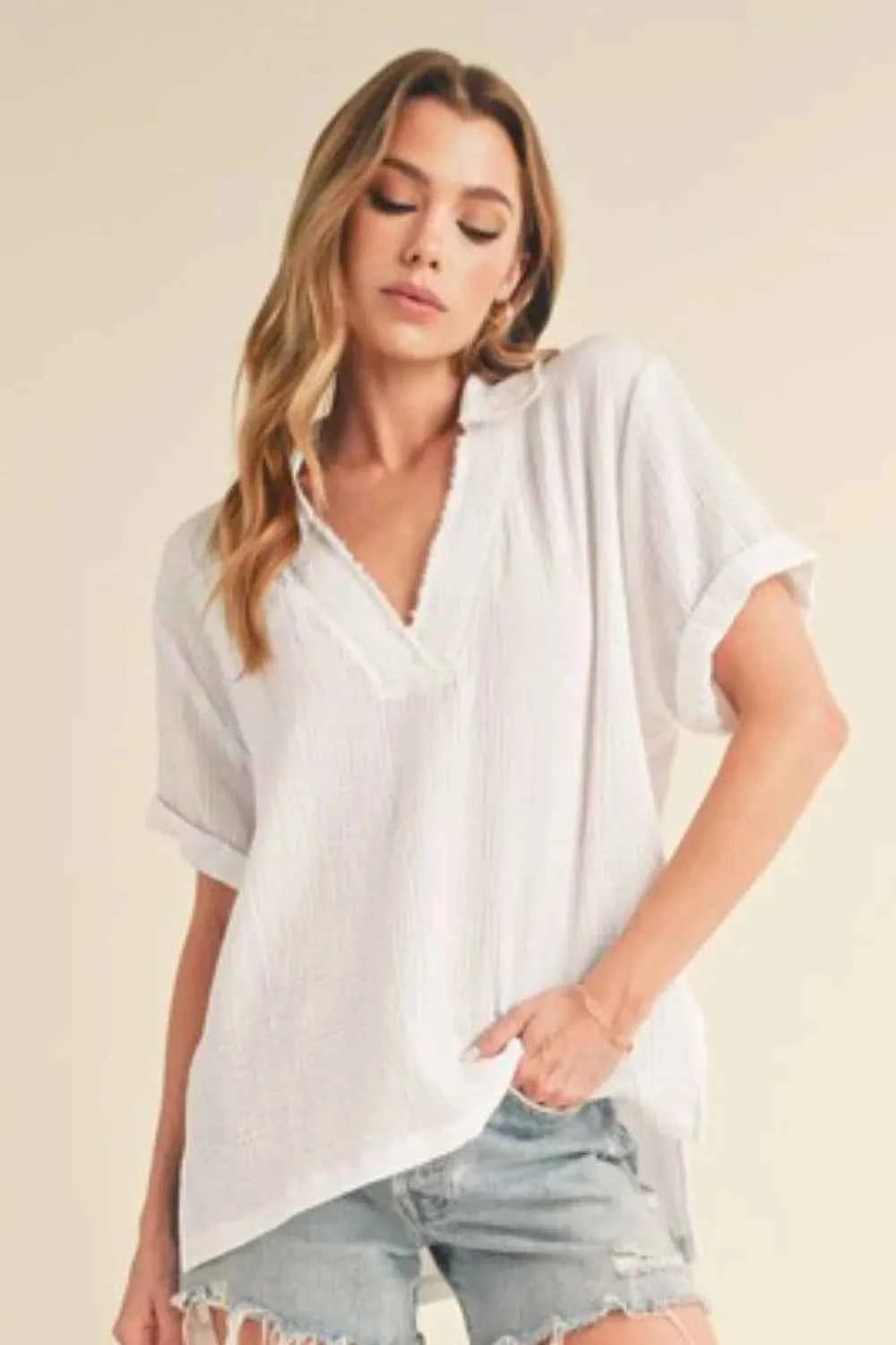 Aemi + Co Side Slit Johnny Collar Short Sleeve Cotton Gauze Blouse 4013c629-cd35-41ad-9250-83ba1e8e2428-Max