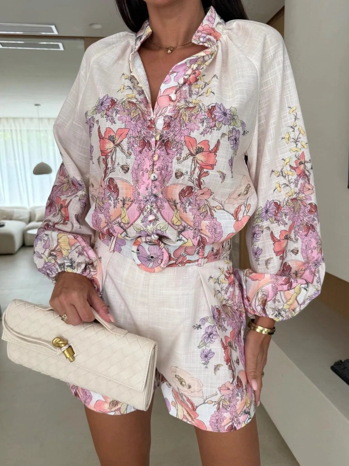 Printed Long Sleeve Shirt and Shorts Set Pink 4018c7d6-dc6a-48ac-b8aa-f07719a4e8b8-Max-Origin