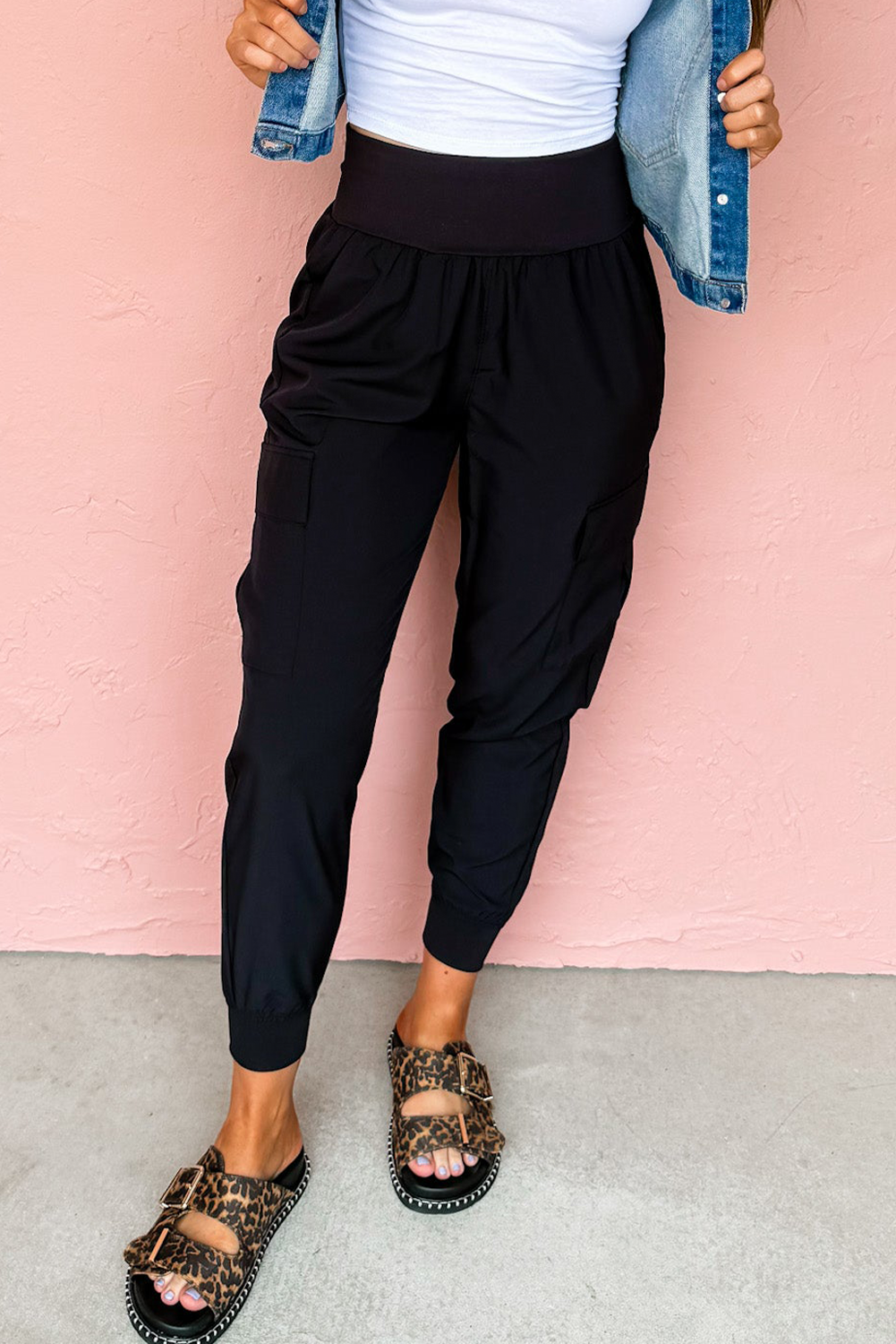 Black Elastic High Waist Pocketed Cargo Jogger Pants 4019d7ce08fe90c3