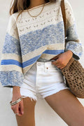 Light Blue Striped Hollow Out Puff Sleeve Sweater Light Blue 55%Acrylic+45%Cotton 401cbd78f07f0ff4