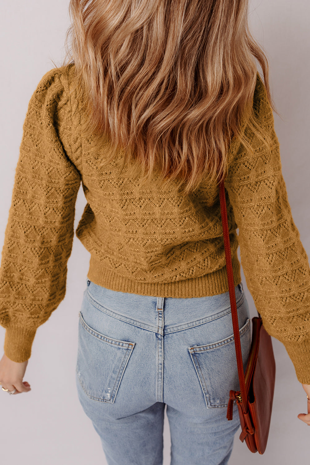 Jurassic Gold Hollow Out Crochet Ribbed Edge Balloon Sleeve Sweater 401cce9223256de7
