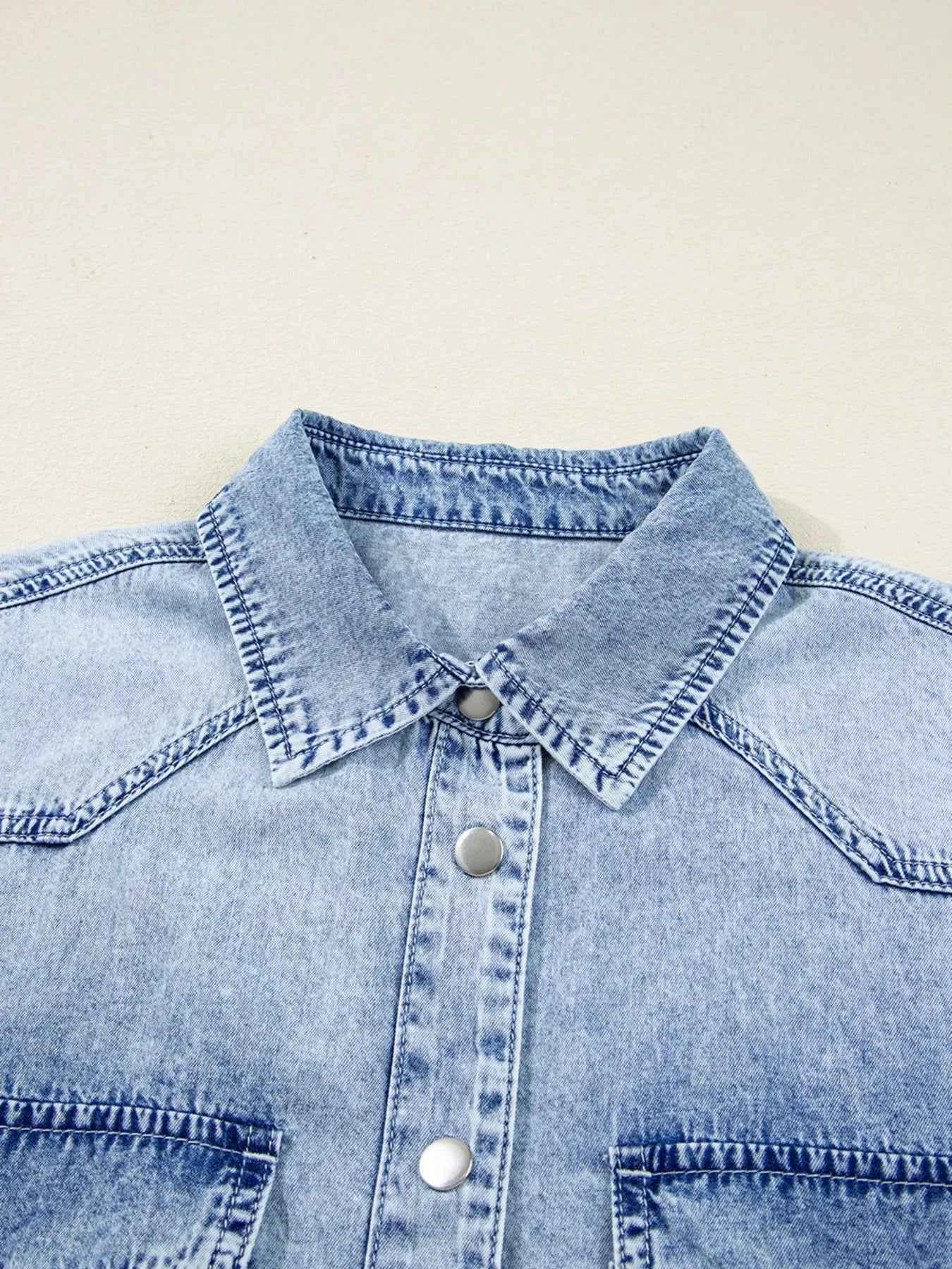 Chest Pocket Raw Hem Denim Loose Shirt Dress 402005c0-4766-4213-8e40-c52e91c028d1-Max-Origin