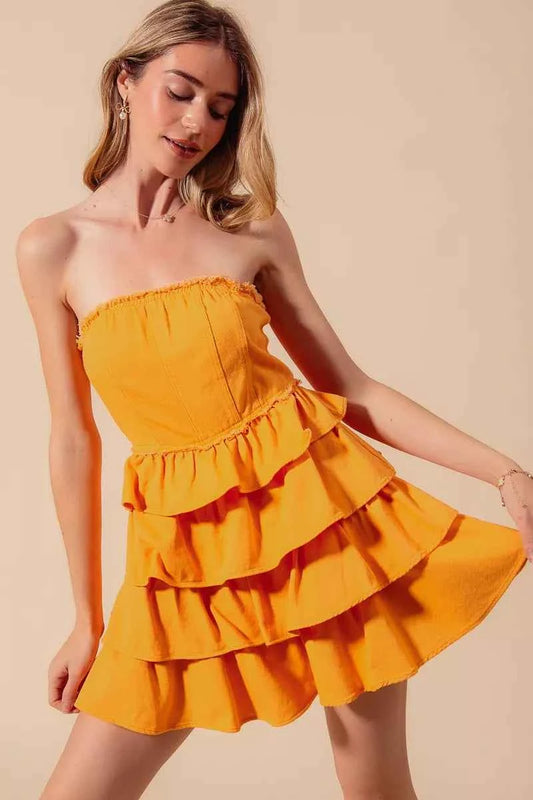 Strapless Ruffle Layered Game Day Cheer Up Dress GOLD 4023c1cb-743f-4486-b18e-eae67bd58cb6-Max-Origin