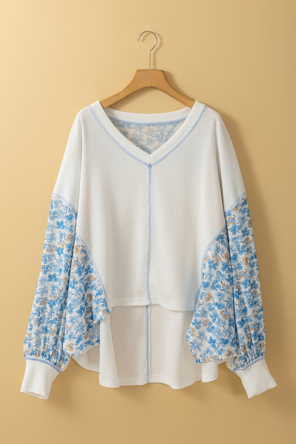 White Abstract Patchwork Waffle V Neck Dolman Top 402b7dd63ccc3459