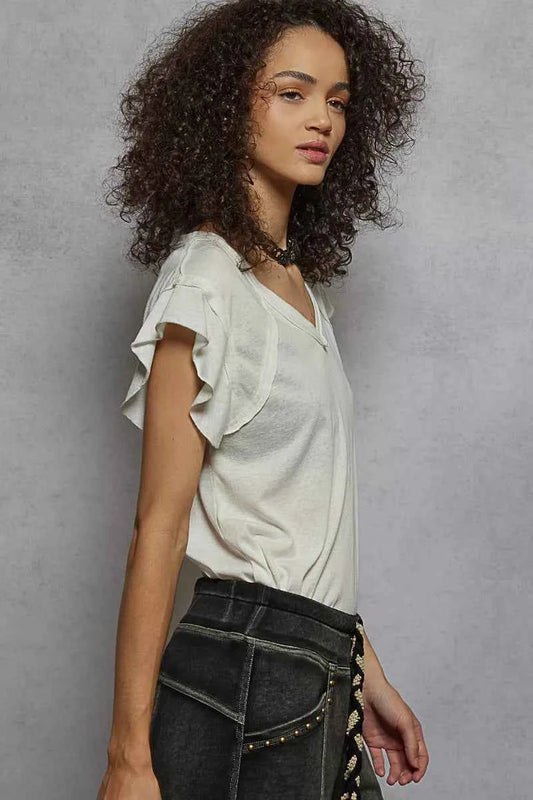 V-Neck Short Sleeve T-Shirt with Ruffle Sleeve 402d9788-a21b-4553-9b06-e47126917882-Max-Origin