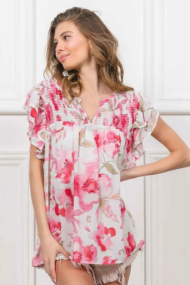 BiBi Floral Print Flutter Sheer Top 402daf90c2b946c98398f157603fe902-Max-Origin