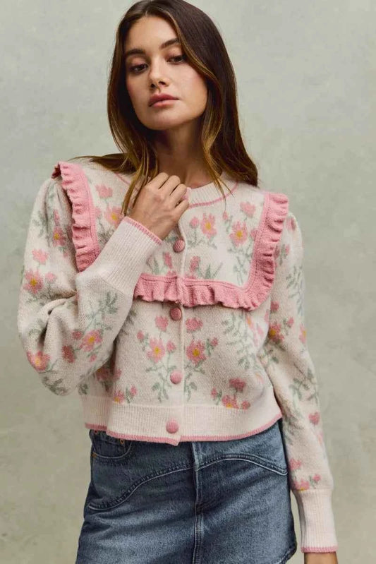 Flower With Ruffle Detailing Sweater Cardigan 4032c13c9301491ba6bb26387783aa89-Max-Origin