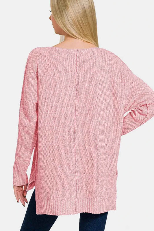 Zenana High-Low Center Seam V-Neck Sweater 403f6f77-c89f-4bfc-b027-583c5906cc0e-Max