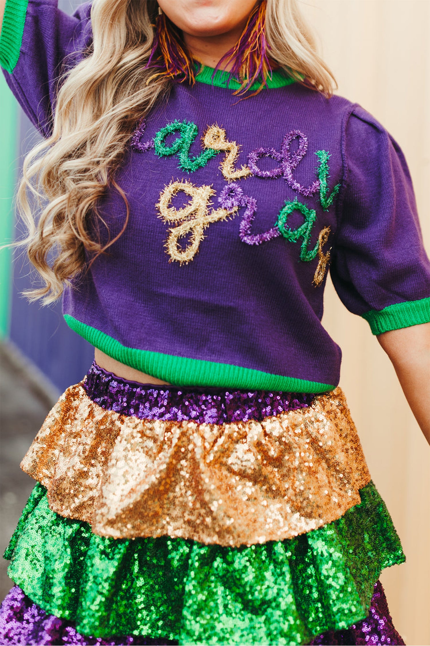 Tillandsia Purple Mardi Gras Tinsel Graphic Short Sleeve Sweater 40420db268e45c8f